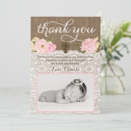 《キリスト教》洗礼式や命名式または洗礼の素朴な写真のサンキューカード サンキューカード (スタンド正面)