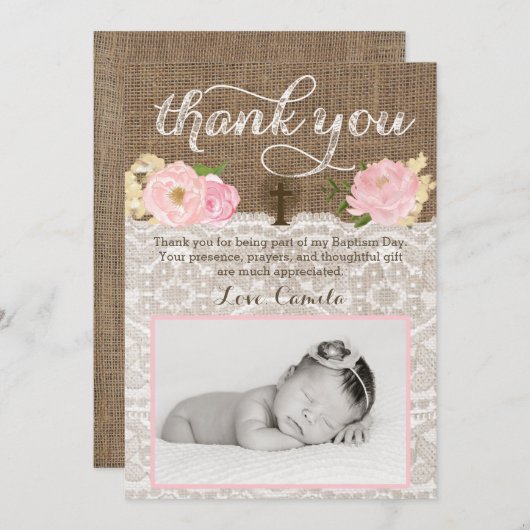 《キリスト教》洗礼式や命名式または洗礼の素朴な写真のサンキューカード サンキューカード (正面/裏面)