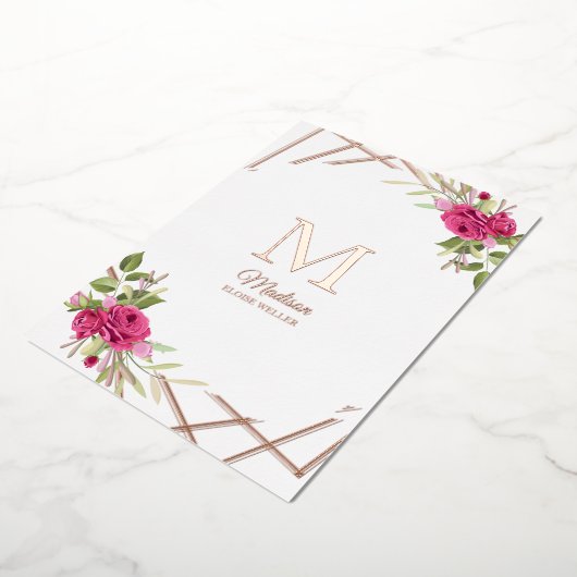 《キリスト教》洗礼式や命名式イニシャル植物幾何学的形状 箔招待状 (回転した状態)