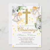 《キリスト教》洗礼式や命名式ウォーターカラーエンジェル金ゴールドグリッター 招待状 (正面)