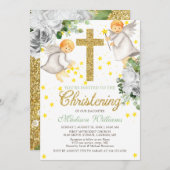 《キリスト教》洗礼式や命名式ウォーターカラーエンジェル金ゴールドグリッター 招待状 (正面/裏面)