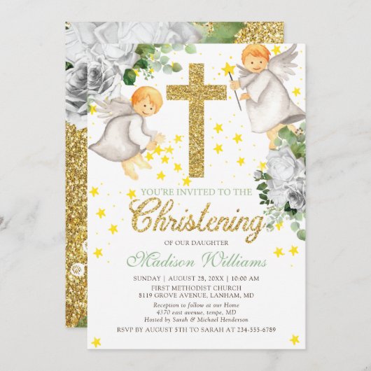 《キリスト教》洗礼式や命名式ウォーターカラーエンジェル金ゴールドグリッター 招待状 (正面/裏面)