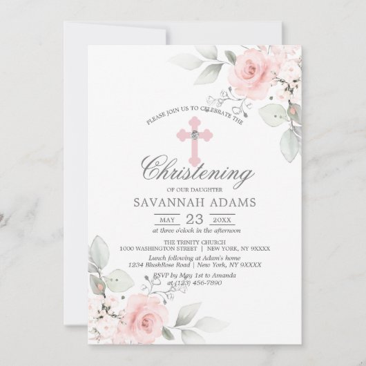 《キリスト教》洗礼式や命名式ウォーターカラーピンクローズガールクロス 招待状 (正面)
