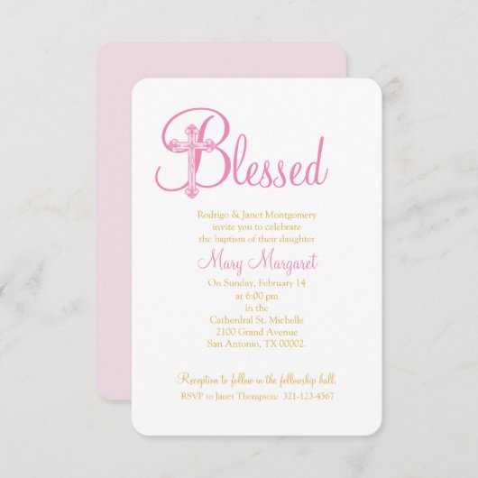 《キリスト教》洗礼式や命名式エレガントまたは洗礼ピンク金ゴールドクロス 招待状 (正面/裏面)