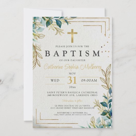 《キリスト教》洗礼式や命名式エレガント金ゴールドと緑のバプテスマ 招待状 (正面)