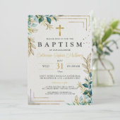 《キリスト教》洗礼式や命名式エレガント金ゴールドと緑のバプテスマ 招待状 (スタンド正面)