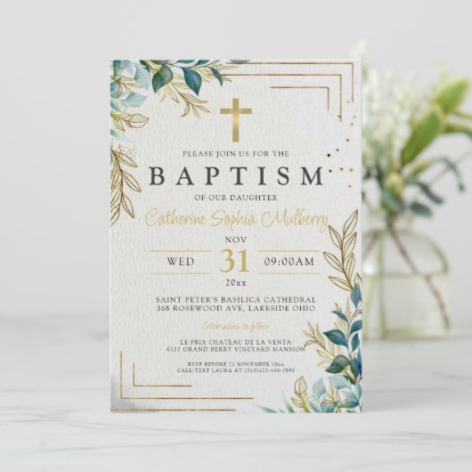 《キリスト教》洗礼式や命名式エレガント金ゴールドと緑のバプテスマ 招待状 (スタンド正面)