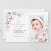 《キリスト教》洗礼式や命名式ガールズフォトピンクウォーターカラー招待状 招待状 (正面)