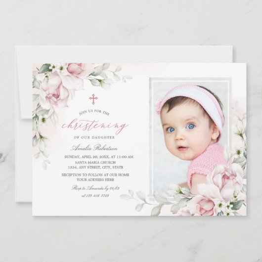 《キリスト教》洗礼式や命名式ガールズフォトピンクウォーターカラー招待状 招待状
