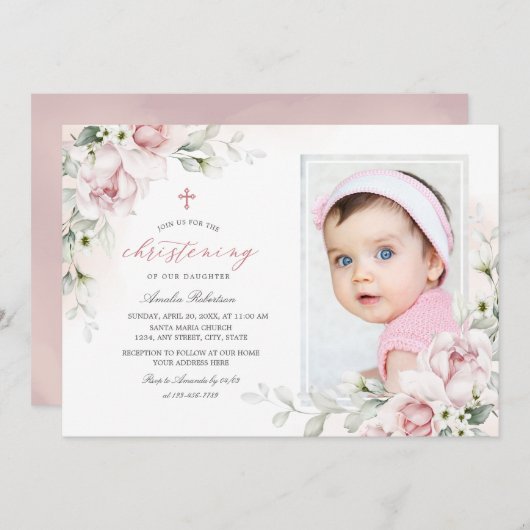 《キリスト教》洗礼式や命名式ガールズフォトピンクウォーターカラー招待状 招待状 (正面/裏面)