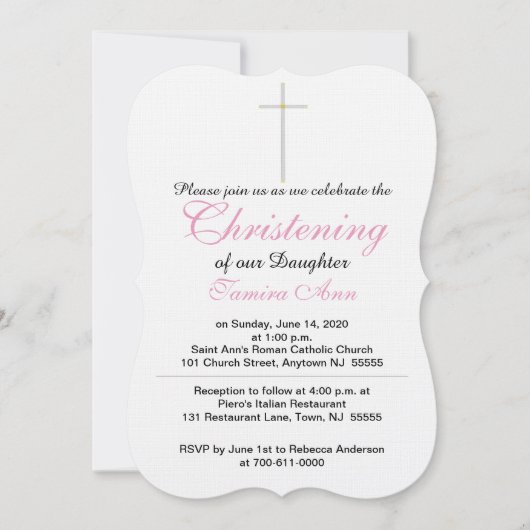 《キリスト教》洗礼式や命名式クロスタードピンクホワイト 招待状 (正面)