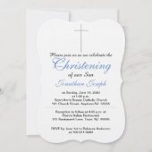 《キリスト教》洗礼式や命名式クロスブルーグレー男の赤ちゃんラトル 招待状 (正面)