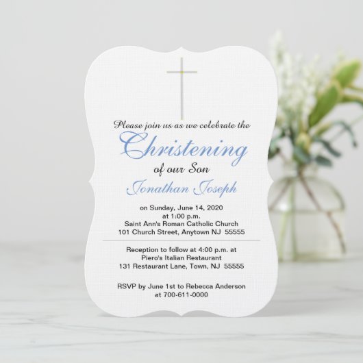 《キリスト教》洗礼式や命名式クロスブルーグレー男の赤ちゃんラトル 招待状 (スタンド正面)