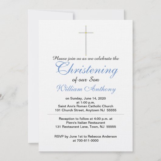《キリスト教》洗礼式や命名式クロスブルーグレー 招待状 (正面)