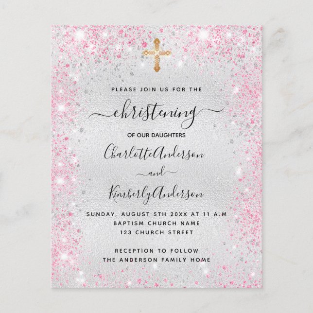 《キリスト教》洗礼式や命名式シルバーピンクの双子の予算招待 (正面)
