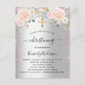 《キリスト教》洗礼式や命名式シルバーピンク花模様グリッター インビテーションポストカード (正面)