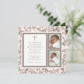 《キリスト教》洗礼式や命名式ソフトピンクと茶色のペイズリー写真 招待状 (スタンド正面)