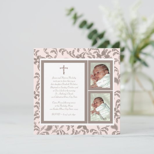 《キリスト教》洗礼式や命名式ソフトピンクと茶色のペイズリー写真 招待状 (スタンド正面)