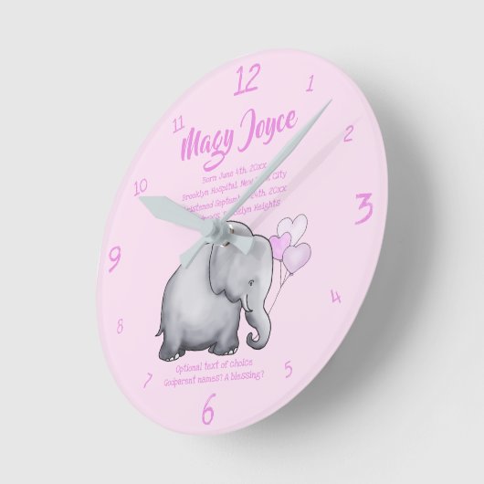 《キリスト教》洗礼式や命名式デーパーソナライズされたトベビーピンクエレファント ラウンド壁時計 (傾斜)