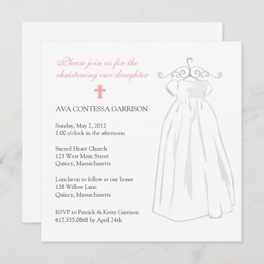《キリスト教》洗礼式や命名式ドレスとピンククロス 招待状 (正面/裏面)
