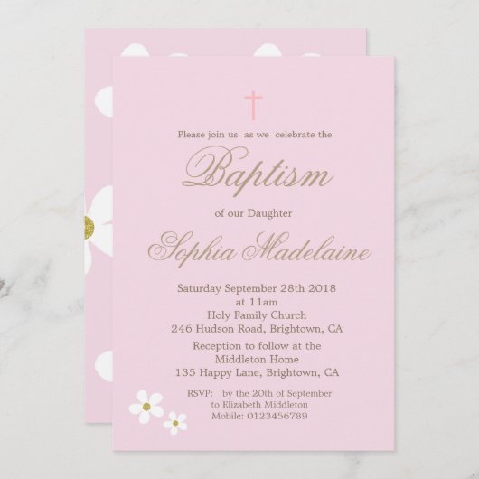 《キリスト教》洗礼式や命名式バプティスピンクフローラガール金ゴールド 招待状 (正面/裏面)