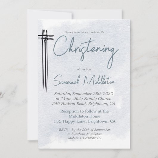 《キリスト教》洗礼式や命名式バプティスブルーモダンウォッシュクロス 招待状 (正面)