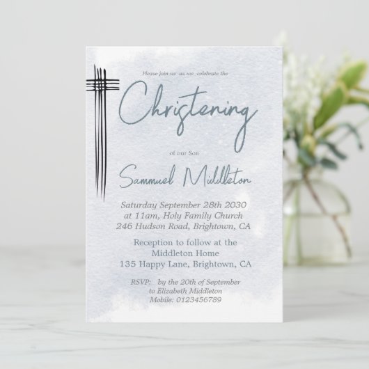 《キリスト教》洗礼式や命名式バプティスブルーモダンウォッシュクロス 招待状 (スタンド正面)