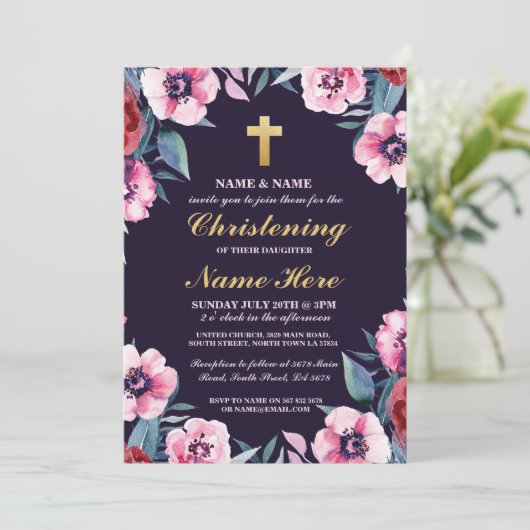 《キリスト教》洗礼式や命名式バプティスマフローラクロスネイビーピンク招待状 招待状 (スタンド正面)