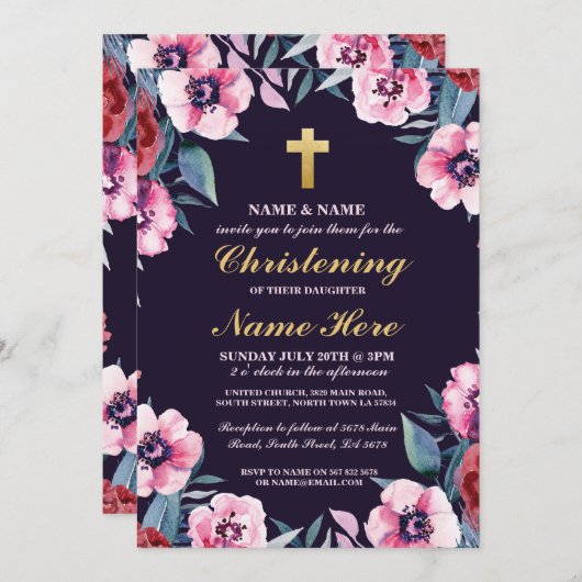 《キリスト教》洗礼式や命名式バプティスマフローラクロスネイビーピンク招待状 招待状 (正面/裏面)