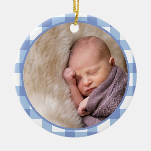 《キリスト教》洗礼式や命名式バプテスキュート男の赤ちゃんキッズフォトブルー セラミックオーナメント (正面)