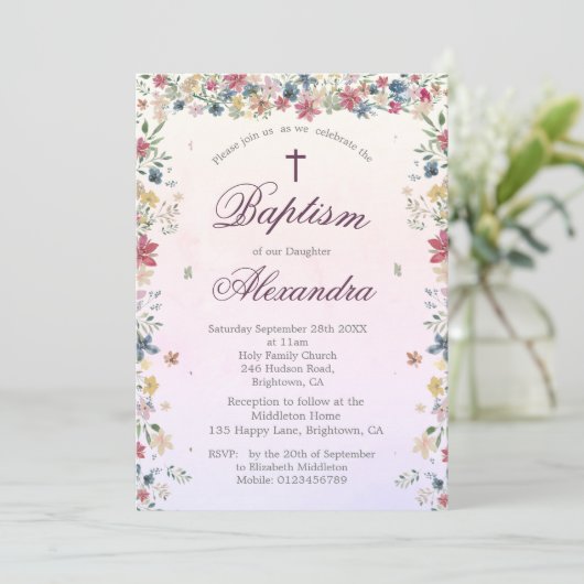 《キリスト教》洗礼式や命名式バプテスピンクフローラ花女の子 招待状 (スタンド正面)
