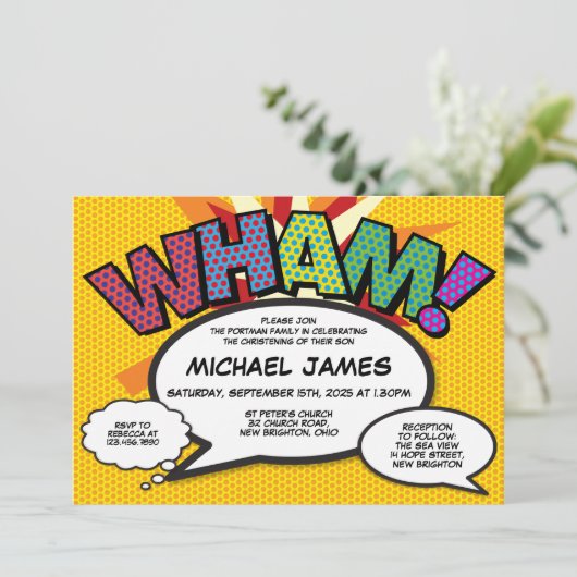 《キリスト教》洗礼式や命名式バプテスマモダンおもしろい漫画書 招待状 (スタンド正面)