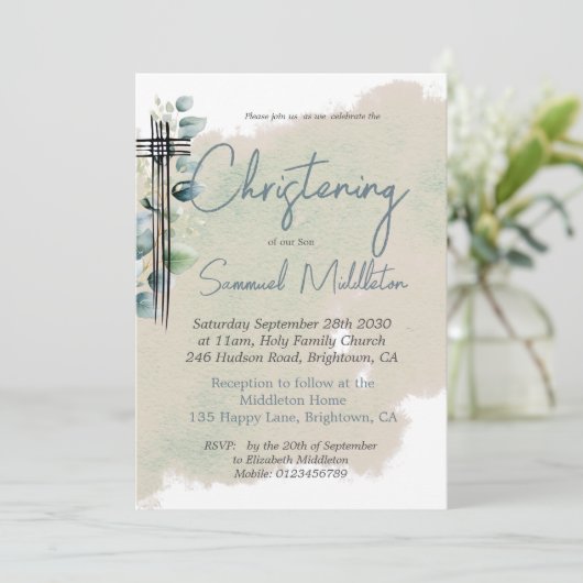 《キリスト教》洗礼式や命名式バプテスマモダンボタニカルエレガントクロス 招待状 (スタンド正面)