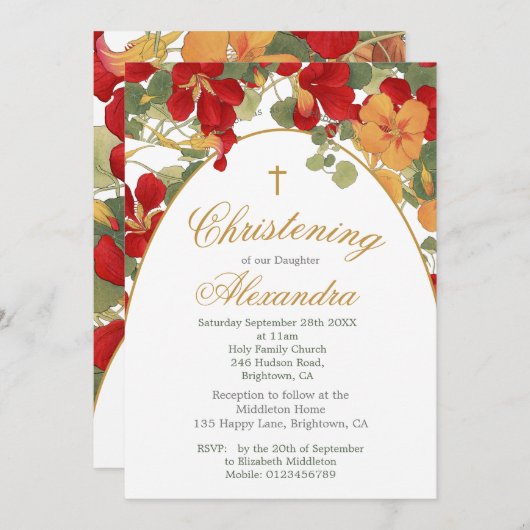 《キリスト教》洗礼式や命名式バプテスマ焼きオレンジアーチ花 招待状 (正面/裏面)