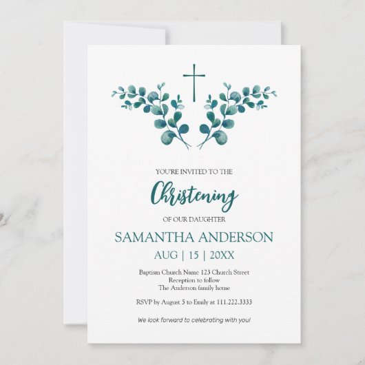 《キリスト教》洗礼式や命名式バプテスユーカリプスグリーンミニマリスト 招待状 (正面)