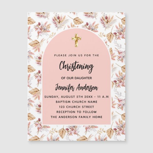 《キリスト教》洗礼式や命名式パンパスフラワーズバラ金ゴールドピンク マグネット招待状 (正面)