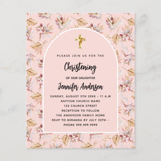 《キリスト教》洗礼式や命名式パンパ花模様バラ予算の招待 チラシ (正面)