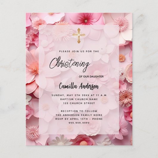 《キリスト教》洗礼式や命名式ピンクの花の女の子の予算の招待 チラシ (正面)