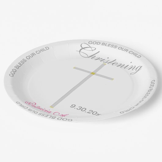 《キリスト教》洗礼式や命名式ピンクガール名シルバークロス ペーパープレート (アングル)