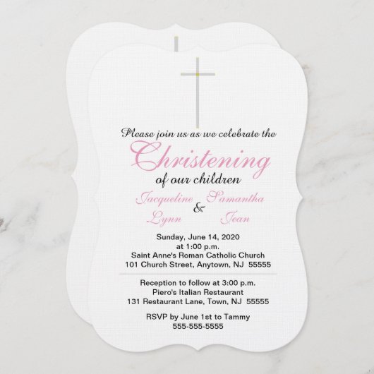 《キリスト教》洗礼式や命名式ピンクツイン 招待状 (正面/裏面)