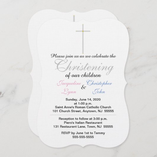 《キリスト教》洗礼式や命名式ピンクブルーツイン 招待状 (正面/裏面)