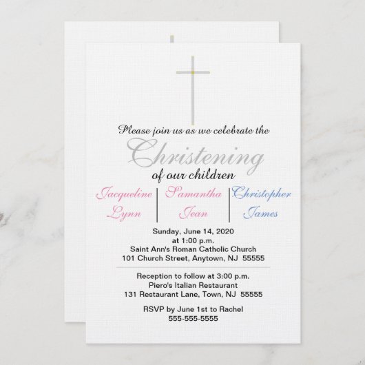 《キリスト教》洗礼式や命名式ピンクブルートリプレット招待状 招待状 (正面/裏面)