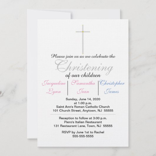 《キリスト教》洗礼式や命名式ピンクブルートリプレット招待状 招待状 (正面)