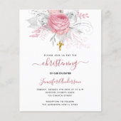 《キリスト教》洗礼式や命名式ピンク花模様の女の子の予算の招待 チラシ (正面)