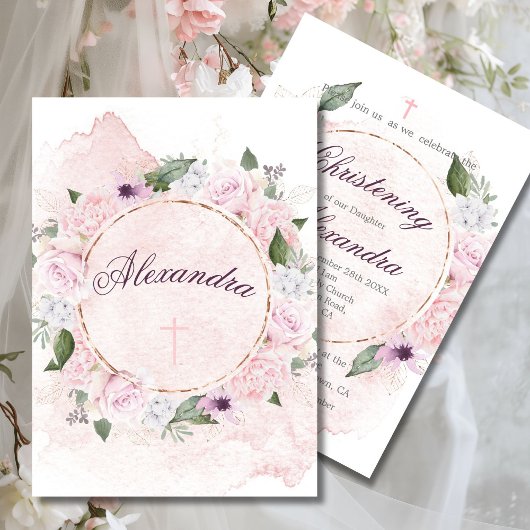 《キリスト教》洗礼式や命名式フローラピンクローゼスリース 招待状
