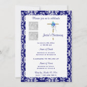 《キリスト教》洗礼式や命名式ブルーダマスクの写真のパーソナライズ 招待状 (正面)