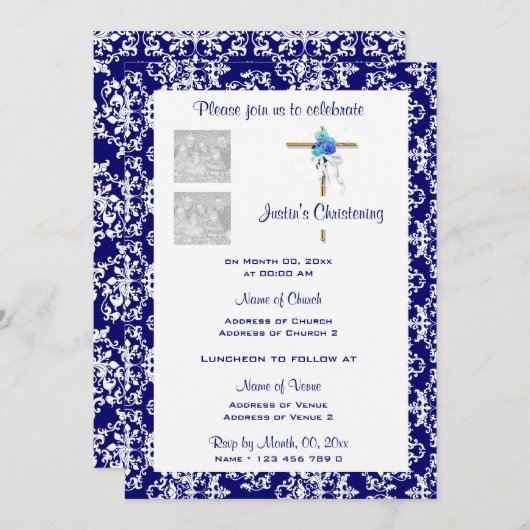 《キリスト教》洗礼式や命名式ブルーダマスクの写真のパーソナライズ 招待状 (正面/裏面)