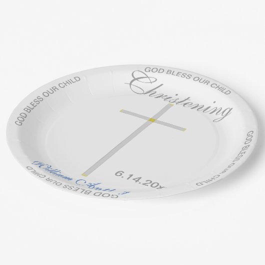 《キリスト教》洗礼式や命名式ブルーボーイネームシルバークロス ペーパープレート (アングル)