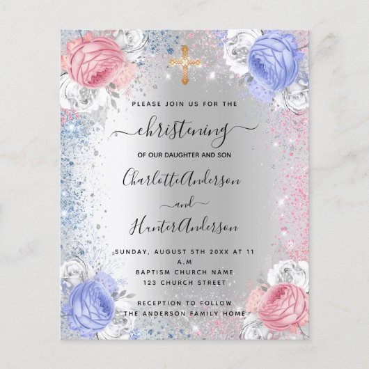 《キリスト教》洗礼式や命名式ボーイガールブルーピンクの予算招待状 チラシ (正面)