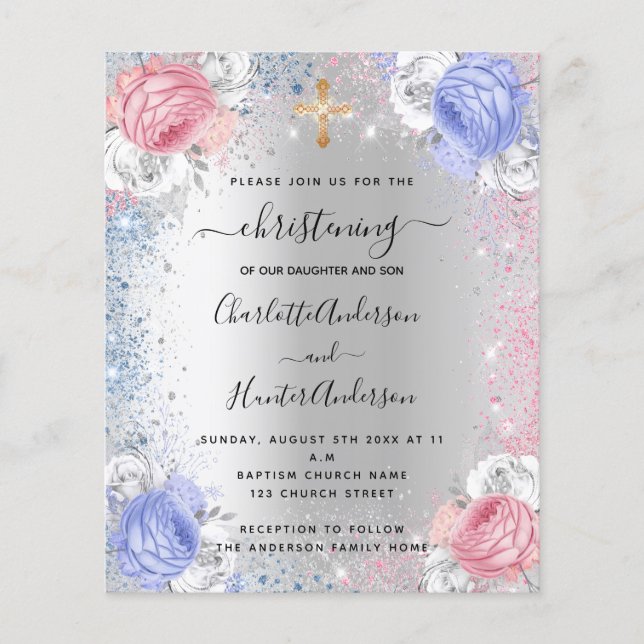《キリスト教》洗礼式や命名式ボーイガールブルーピンクシルバー招待 (正面)